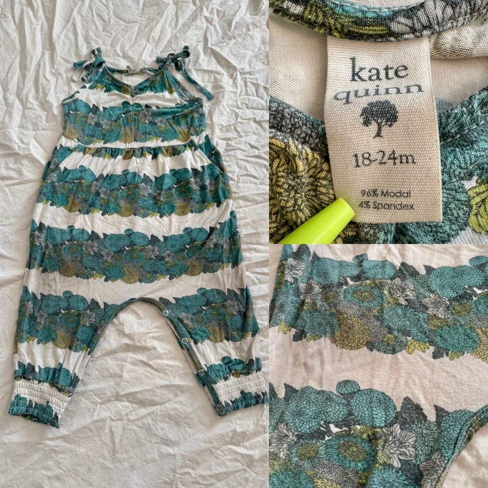 Kate Quinn Floral Forest Overhauls Romper Short Sleeve Bamboo Green White Jumper